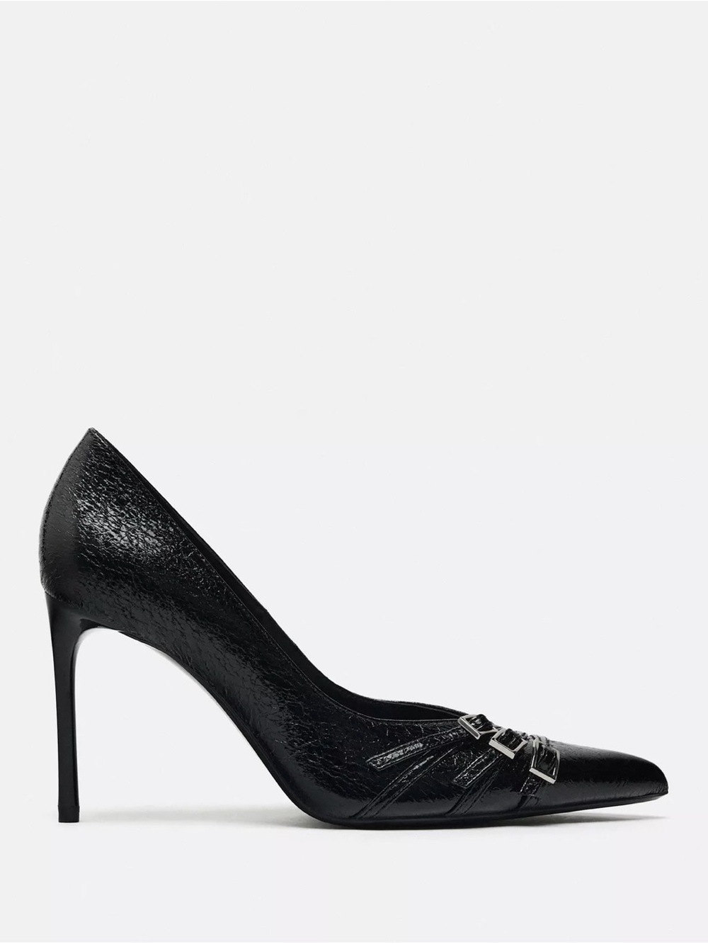 Black Pointed Toe Stiletto Pumps with Buckle Detail